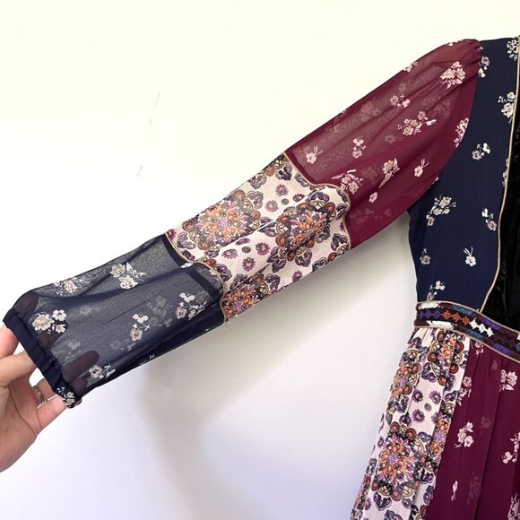 Anthropologie Maeve Dress XS Quartier Latin Burgundy Chiffon Velvet Boho Floral - Picture 4 of 14